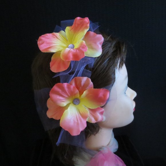 Hand Crafted Barrettes Peach Hibiscus Floral Rhinestone Tulle for Women or Girls - Picture 2 of 9